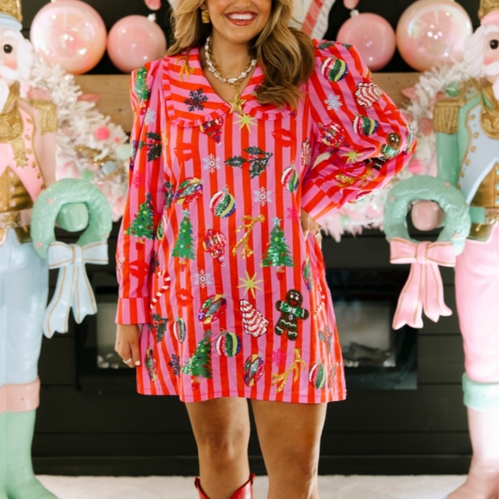 Queen Of Sparkles Red & Pink Stripe Christmas Icon Dress XL